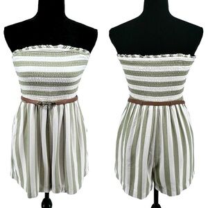 American Eagle Smocked Tube Romper Size Small Light Green White Striped Pockets